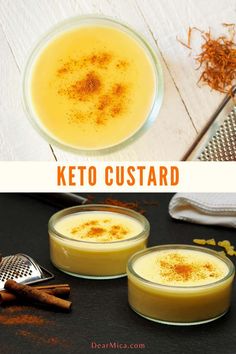 two glasses filled with keto custard on top of a table next to cinnamon sticks