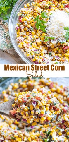 mexican street corn salad in a glass bowl with a wooden spoon