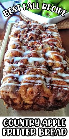 a close up of a piece of food on a plate with the words country apple bread