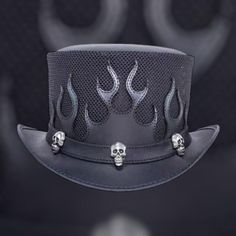 Handmade Leather Top Hat EI Dorado Steampunk Black Leather Hat - Steampunk Gothic Victorian Style - Skull Band Leather Top Hat - Biker Hat *Condition: New  *Made with Geniune Leather *All Sizes Available *Totally handmade item *Skull Band Return Policy: We take pride & joy in our products and above all customer satisfaction is very important to us. Due to this we aim to respond to any customer queries and questions within 24 hours. If you have any queries about size, get in touch with us.  If fo Black Leather Hat, Steampunk Black, Leather Top Hat, Steampunk Top Hat, Leather Hat, Gothic Victorian, Steampunk Accessories, Leather Hats, Victorian Gothic