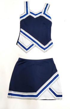 two piece cheer uniform with blue and white stripes on the bottom, one in front