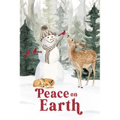 a christmas card with a snowman and two deer