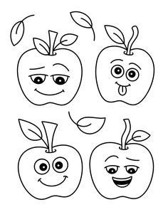 four apples with faces drawn in black and white