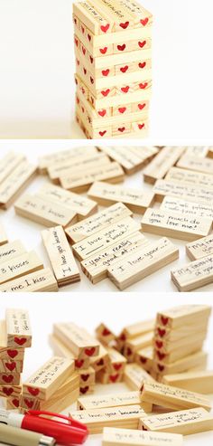 several pieces of wooden dominos with red hearts on them