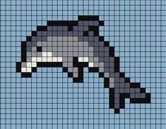 A pixel art template of a dolphin with a darker to lighter grey tone. Pixel Art Pattern Dolphin, Perler Bead Seahorse, Sea Animal Perler Beads, Stingray Pixel Art, Sea Creature Pixel Art