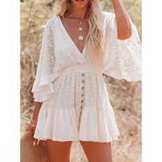 Season:Summer,Spring; Fabric:Lace; Sleeve Length:3/4 Length Sleeve; Look After Me:Machine wash; Gender:Women's; Style:A Line,Bohemia; Elasticity:Micro-elastic; Occasion:Date; Fit Type:Regular Fit; Dresses Type:Boho Chic Dresses,Lace Dress,White Boho Dress; Design:Button,Lace; Neckline:V Neck; Listing Date:01/19/2024; Bust:; Hips:; Length:; Sleeve:; Waist:; Fit US Size:; Fit UK Size:; Fit EU Size:; Dress Length Type:Mini Dress; Print Type:non-printing Bat Sleeves Dress, Stile Boho Chic, Lace Dress Casual, Look Festival, Lace Cutout, Lace Tunic, Moda Boho, Romantic Dress, Casual Lace