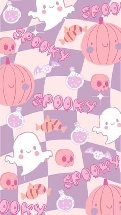 a pink and purple checkered background with ghost, pumpkins, and other items