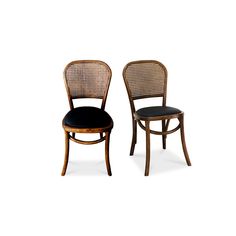 two wooden chairs with black cushions against a white background, one has a cane back and the other has a wicker seat