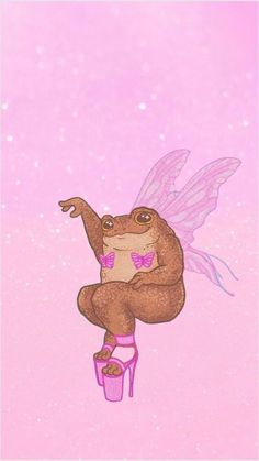 a drawing of a frog sitting on top of a pink stool with wings flying above it