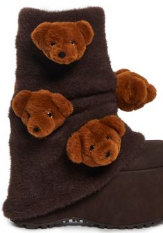 These adorable platform boots have a faux suede construction, detachable faux fur leg warmers adorned with plush teddy bear heads all over, side zip closures, and rubber treaded soles. Halloween Costume Boots, Bear Plushie, Fur Leg Warmers, Costume Boots, Booties Outfit, Sugar Thrillz, Festival Shop, Teddy Bear Plush, Outerwear Outfit