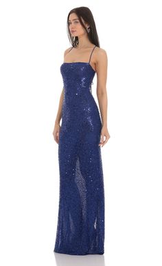 Sequin Mesh Maxi Dress in Blue | LUCY IN THE SKY Matric Farewell Dresses, Themed Prom Dresses, Blue Sparkly Dress, Farewell Dresses, Navy Blue Prom Dress, Prom Dresses Sparkly, Sparkly Prom Dress, Sparkly Prom Dresses, Blue Sequin Dress