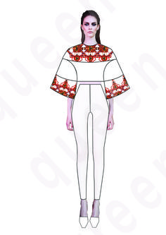 a drawing of a woman's outfit with red flowers on the top and bottom