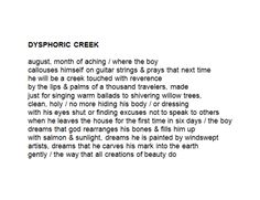 a poem written in black and white with the words dysporic creek on it