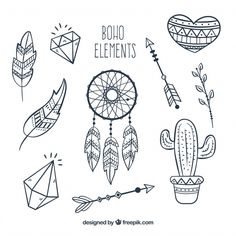 hand drawn boho elements in black and white with an arrow, heart, cactus, diamond, dream catcher