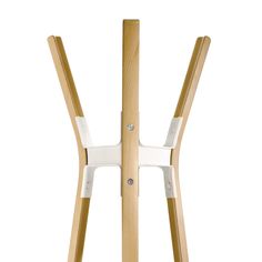 a white and wood table with two wooden legs on the top one leg is bent down