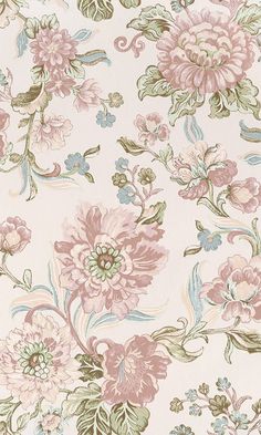 a floral wallpaper with pink flowers and green leaves