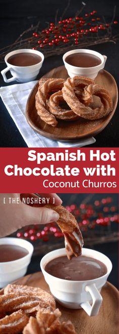 chocolate churros are being dipped with hot chocolate