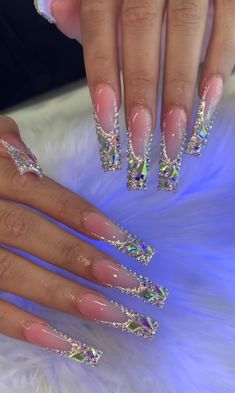 Blinged Birthday Nails, Blinged Out Long Acrylic Nails, Bling Out Acrylic Nails, Badazzel Nail, Full Diamond Nails, Full Bling Nail Set, Long Sparkly Nails, Bedazzled Nails Rhinestones, Birthday Nail Inspo Acrylic