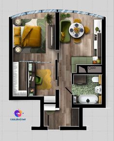 an overhead view of a living room and bedroom in a small apartment with wood flooring