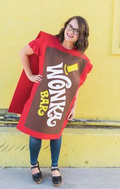 a woman wearing a costume made to look like a chocolate bar