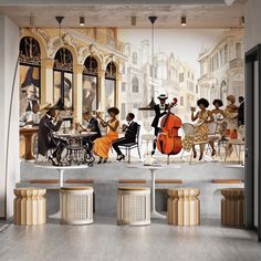 an artistic wall mural depicting people playing music in a cafe with piano and violin players