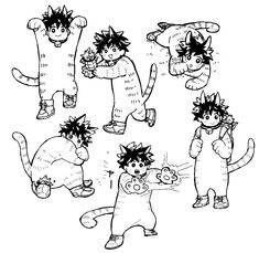 an image of cats with different expressions on their faces and body, in black and white