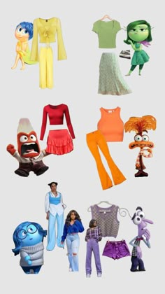 an assortment of cartoon character costumes and outfits for children to wear in the movie inside out