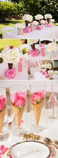 pink and white flowers in ice cream cones on a table with plates, cups and utensils