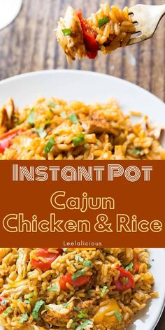 an image of instant pot cajun chicken and rice on a plate with a fork