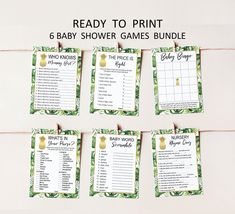 the baby shower games bundle is ready to print and have pineapples on them