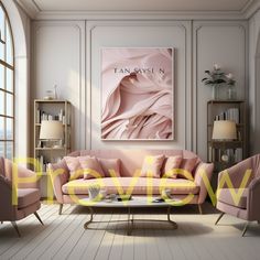 a living room with pink furniture and large windows