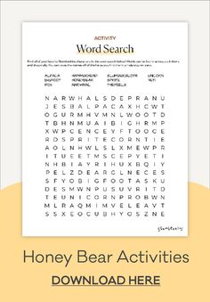 the word search page for honey bear activities