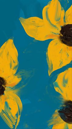 three yellow flowers are in the middle of blue and yellow paint with black centers on them