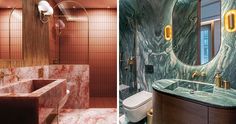 two different bathrooms with marble walls and flooring, one in pink and the other in gold