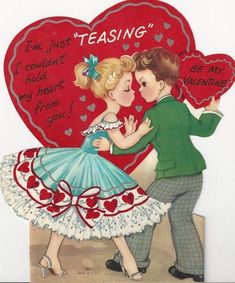 an old fashioned valentine card with two children hugging each other and the words i'm just waiting for you