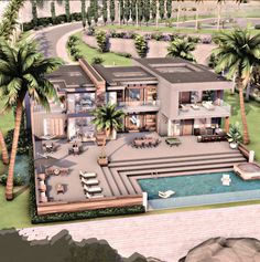 an artist's rendering of a large house with palm trees