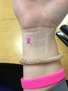 a wrist tattoo with a pink ribbon on it