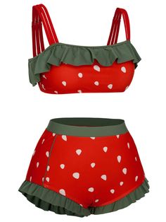 [Plus Size] Red 1950s Strawberry Ruffle Strap Swimsuit | Retro Stage Retro Red Swimwear For Poolside, Red Retro Swimwear For Poolside, Vintage Red Swimwear For Beach, Spring Strawberry Print Swimwear, Red Cherry Print Swimwear For Spring, Red Cherry Print Swimwear For The Beach, Red Cherry Print Swimwear, Red Cherry Print Swimwear For Summer, Retro Red Swimwear For Spring