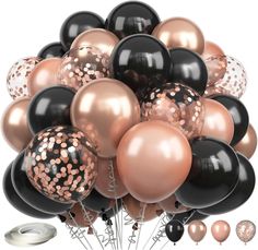 a bunch of black and rose gold balloons