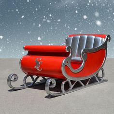 a red sleigh sitting on top of a snow covered ground next to a sky filled with stars