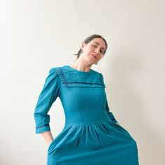 "70s blue corduroy dress with pockets and dark blue piping. 100% cotton. Flattering form and cinched waist. Fits like a M/L  -Waist: 15\" -Pit to pit: 16\" -Length: 43.5\"  -Collar to waist: 14.5\" -Shoulder - pit: 8.5\"" Jnco Jeans, Blue Corduroy, Corduroy Dress, Philadelphia Pa, Vintage Knitting, Knit Vest, Dress With Pockets, Cinched Waist, Dress Clothes For Women