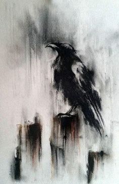 a painting of a black bird sitting on top of a wooden post in the snow