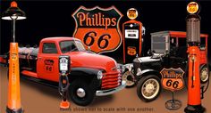 an orange truck parked next to some gas pumps and other old fashioned vehicles with the words phillips 66 on them