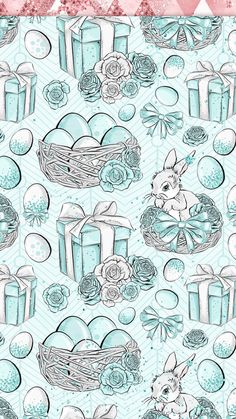 a blue and white wallpaper with an image of easter eggs, flowers and bunnies