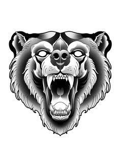 an angry bear's head with its mouth open