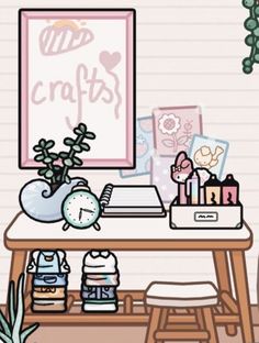 a desk with a clock, potted plant and other items on it