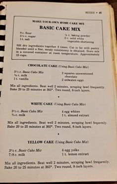 an old recipe book with instructions for basic cake mix