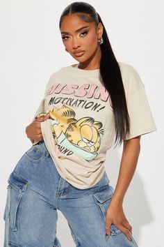 Available In Sand. "Missing Motivation. Please Return If Found" Garfield Graphic Crew Neck Short Sleeve Disclaimer: Due To The Printing Process A Difference In Saturation May Occur. Each Garment Is Unique 100% Cotton Imported | Missing Motivation Garfield Tee Shirt in Sand size Large by Fashion Nova Marilyn Melo, Long Shirt, Matching Dresses, Graphic Tees Women, Active Wear For Women, Womens Clothing Tops, Printing Process, Clothes For Sale, Dresses For Sale