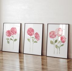 three pink flowers are displayed on the wall in front of two white frames with wood flooring