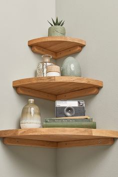 Oak Corner Shelves with styling inspiration Angle Shelf Corner Shelving, Corner Shelves Wall Mounted, Corner Shelves Oak, Wooden Corner Shelf Kitchen, Wooden Shelf Aesthetic, Rounded Corner Shelves, Corner Shelf Design Living Room, Corner Shelf Ideas Bedroom, Corner Shelves Design